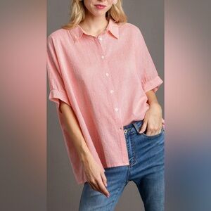 NWT Umgee Striped Collared Button Down Oversized Top with Short Folded Sleeves